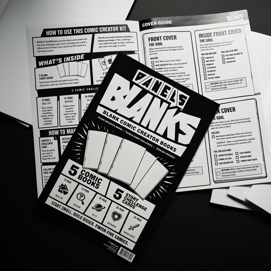 A tabletop flat-lay of the 'PANELS Banks' comic creator board kit, showing the black-and-white instruction booklet in the foreground surrounded by white paper sheets on a dark surface.