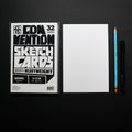 A package of Convection Sketch Cards shown next to a blank white card, a blue pencil, and a black pen on a black background.